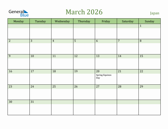 March 2026 Calendar with Japan Holidays