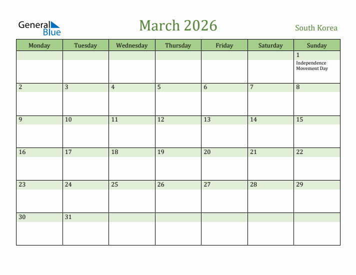 March 2026 Calendar with South Korea Holidays