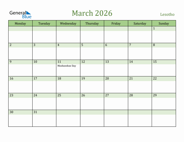 March 2026 Calendar with Lesotho Holidays