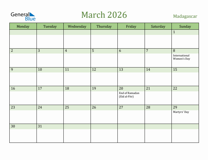 March 2026 Calendar with Madagascar Holidays