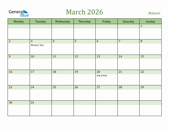 March 2026 Calendar with Malawi Holidays