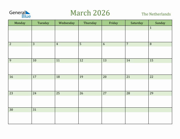 March 2026 Calendar with The Netherlands Holidays