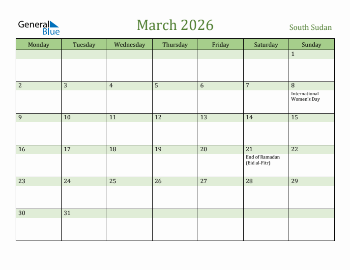 March 2026 Calendar with South Sudan Holidays