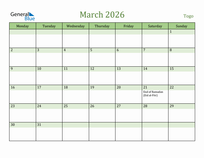 March 2026 Calendar with Togo Holidays