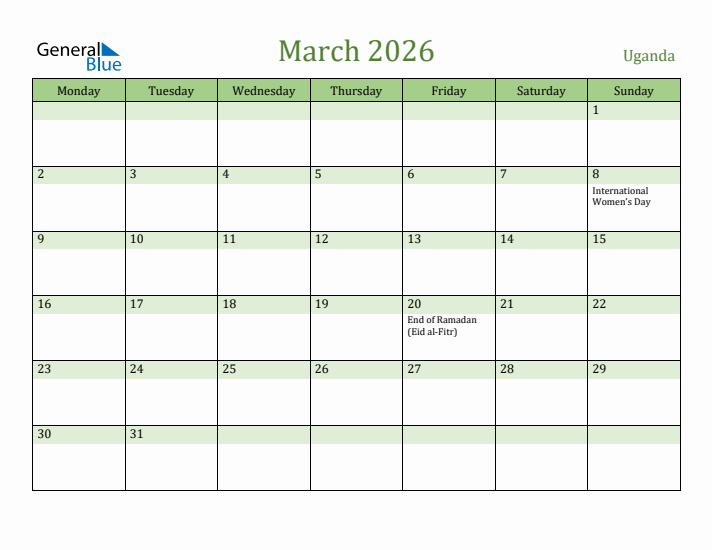 March 2026 Calendar with Uganda Holidays