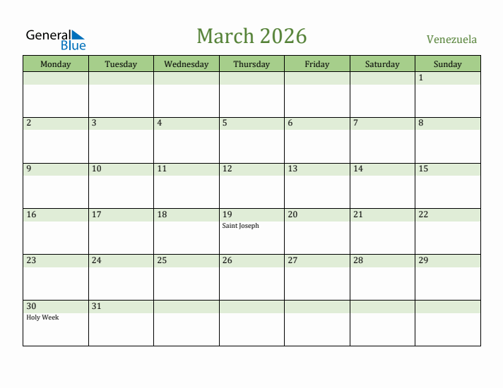 March 2026 Calendar with Venezuela Holidays