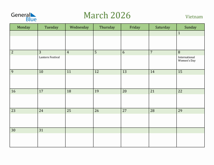 March 2026 Calendar with Vietnam Holidays