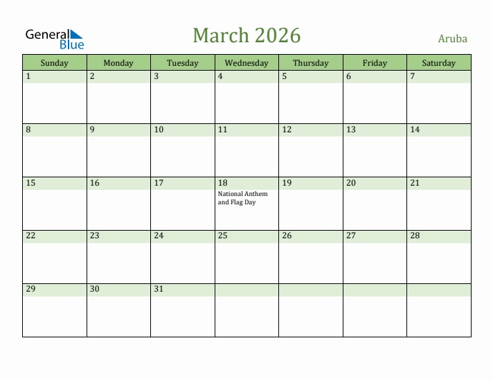 March 2026 Calendar with Aruba Holidays