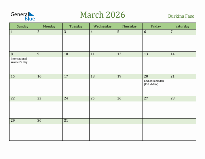 March 2026 Calendar with Burkina Faso Holidays