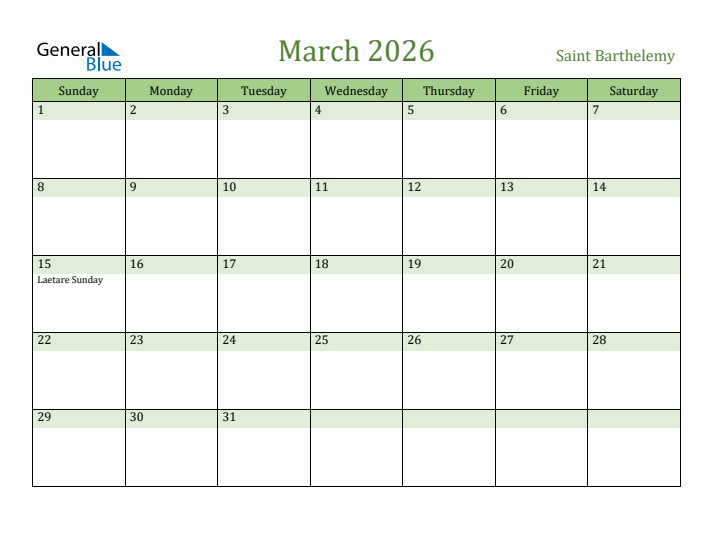 March 2026 Calendar with Saint Barthelemy Holidays