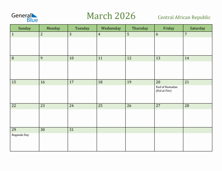 March 2026 Calendar with Central African Republic Holidays