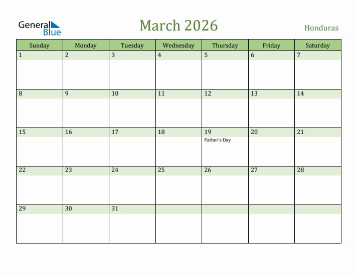 March 2026 Calendar with Honduras Holidays