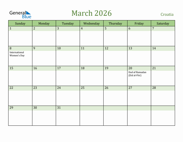 March 2026 Calendar with Croatia Holidays