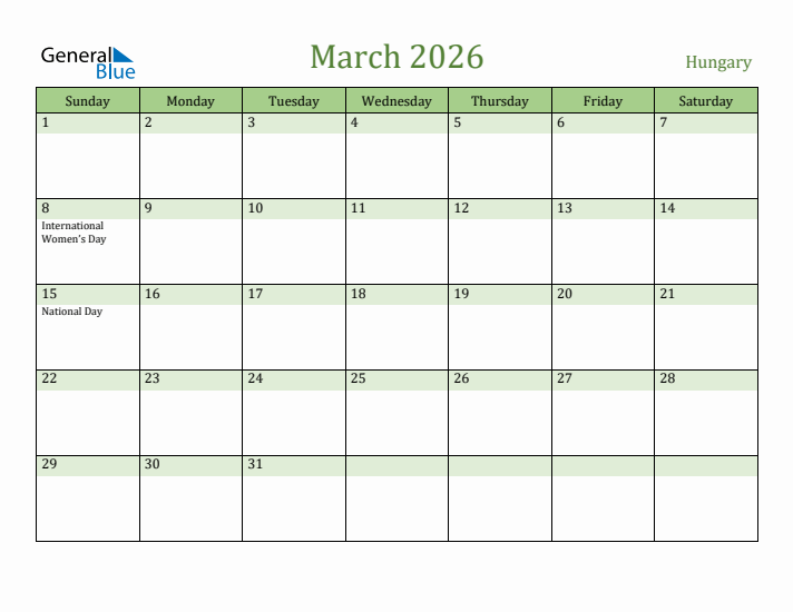 March 2026 Calendar with Hungary Holidays