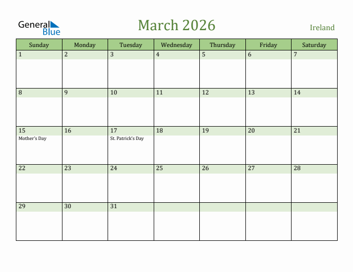 March 2026 Calendar with Ireland Holidays