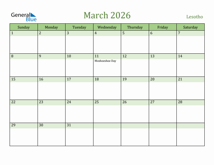 March 2026 Calendar with Lesotho Holidays