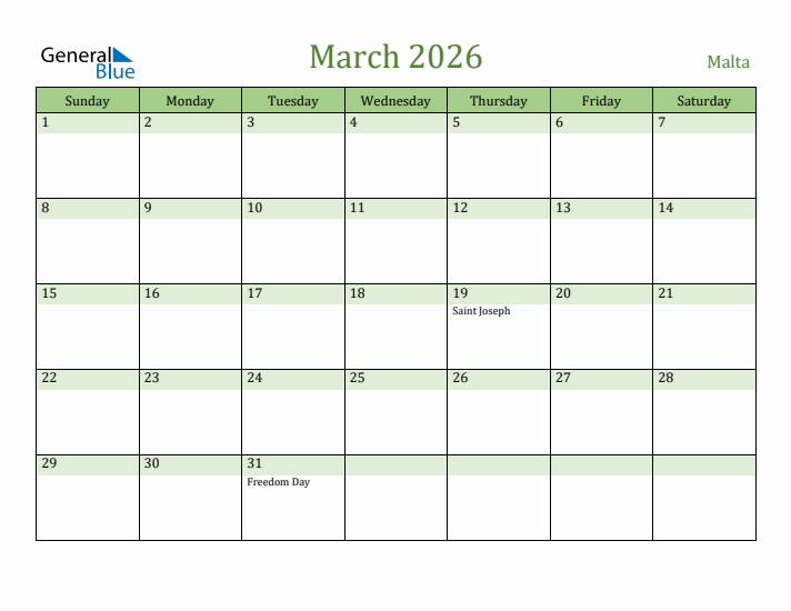 March 2026 Calendar with Malta Holidays