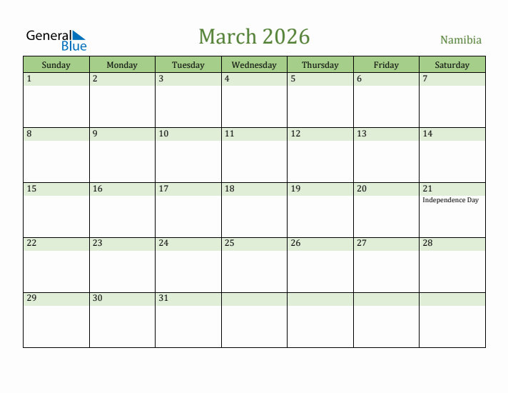 March 2026 Calendar with Namibia Holidays