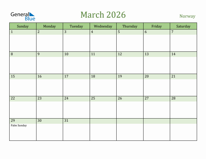 March 2026 Calendar with Norway Holidays