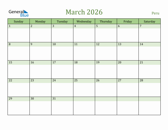 March 2026 Calendar with Peru Holidays