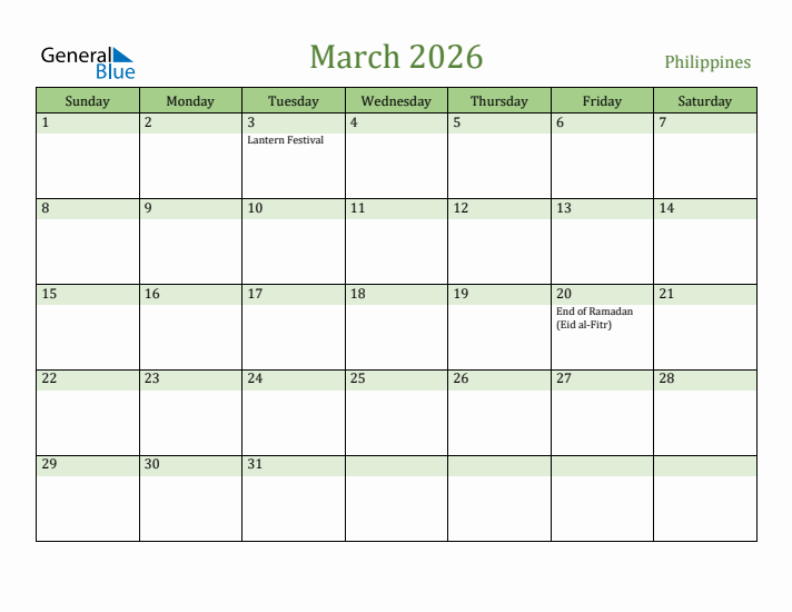 March 2026 Calendar with Philippines Holidays