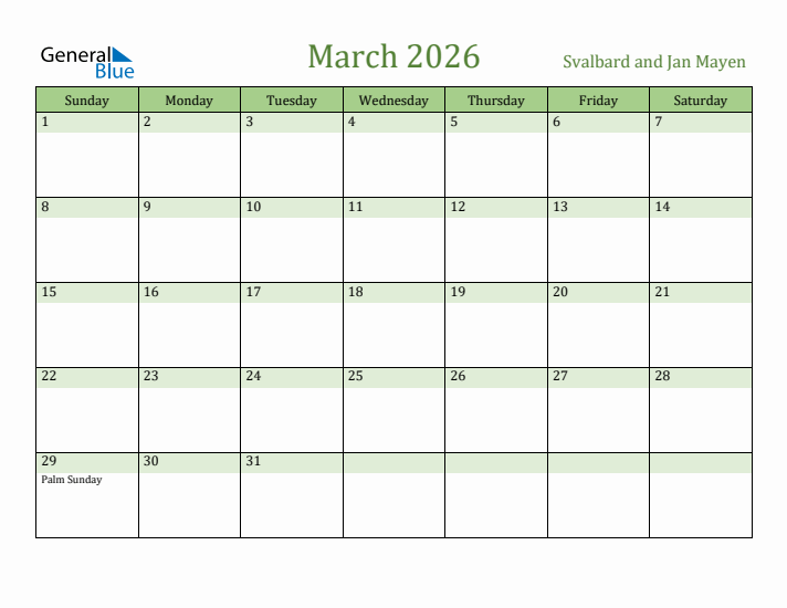 March 2026 Calendar with Svalbard and Jan Mayen Holidays