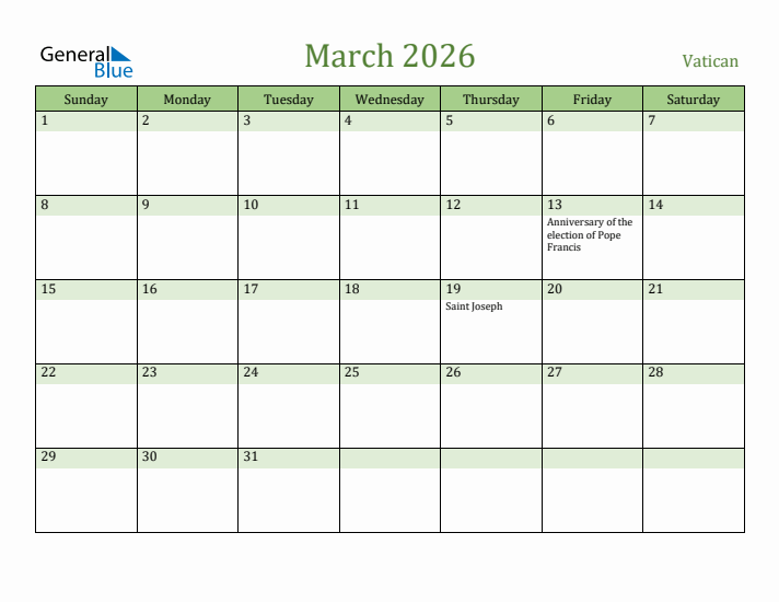 March 2026 Calendar with Vatican Holidays