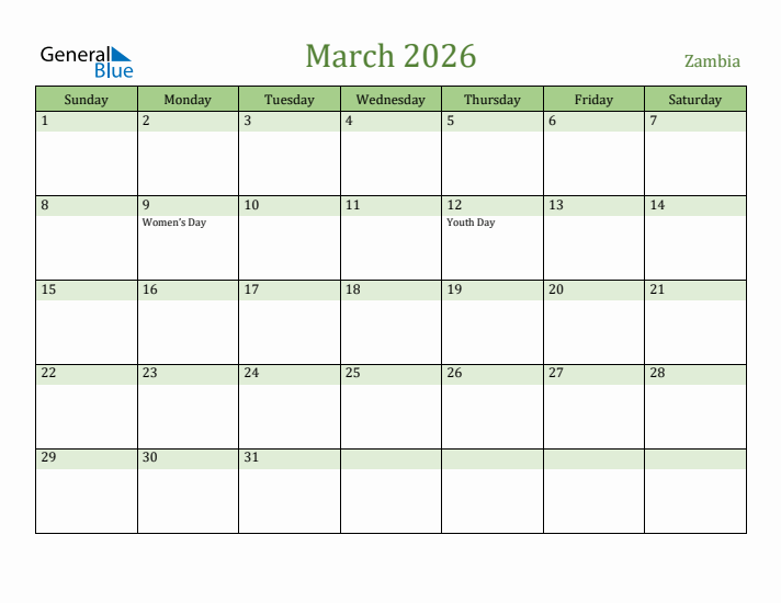 March 2026 Calendar with Zambia Holidays