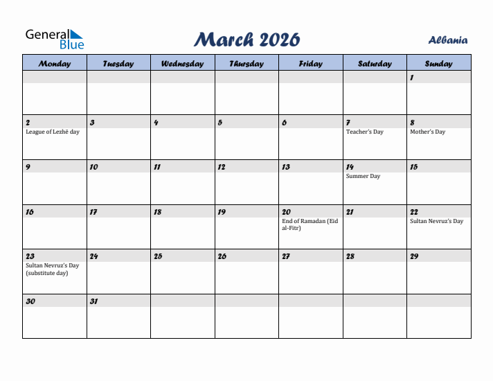 March 2026 Calendar with Holidays in Albania