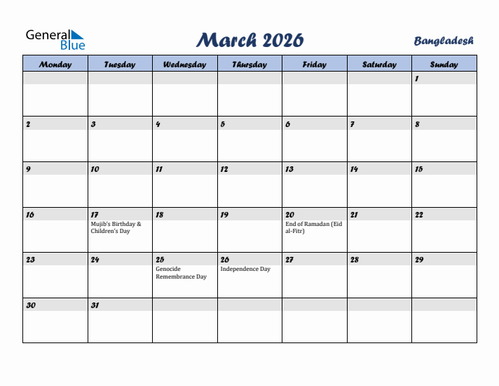 March 2026 Calendar with Holidays in Bangladesh