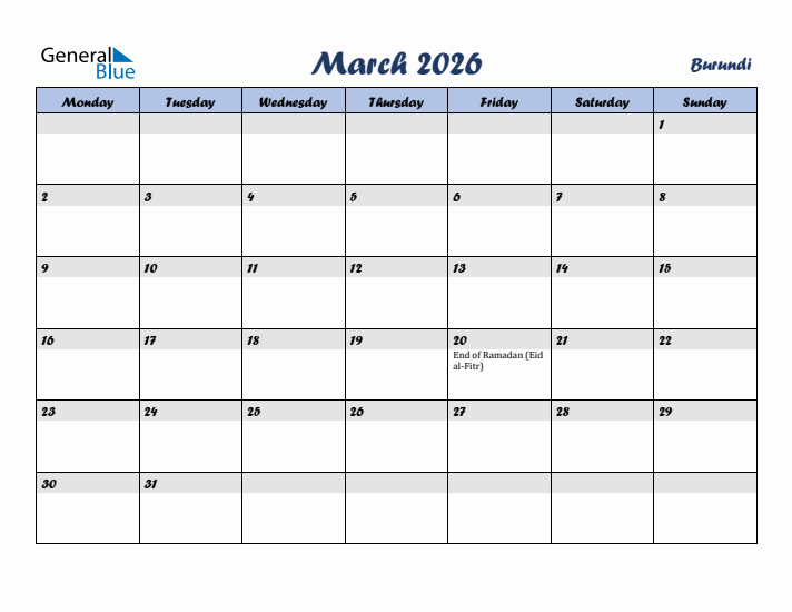 March 2026 Calendar with Holidays in Burundi