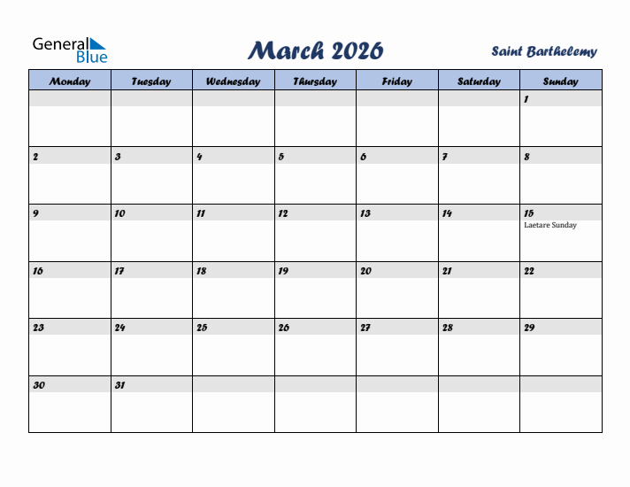 March 2026 Calendar with Holidays in Saint Barthelemy