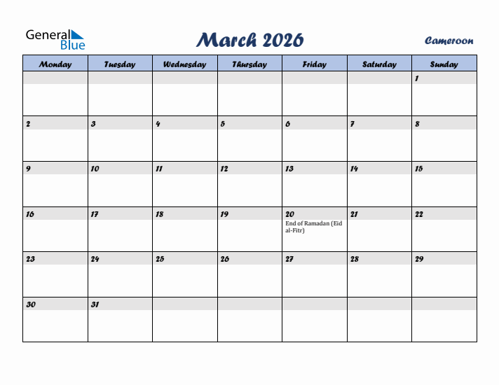 March 2026 Calendar with Holidays in Cameroon