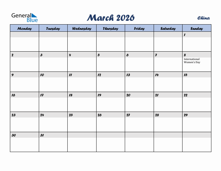 March 2026 Calendar with Holidays in China