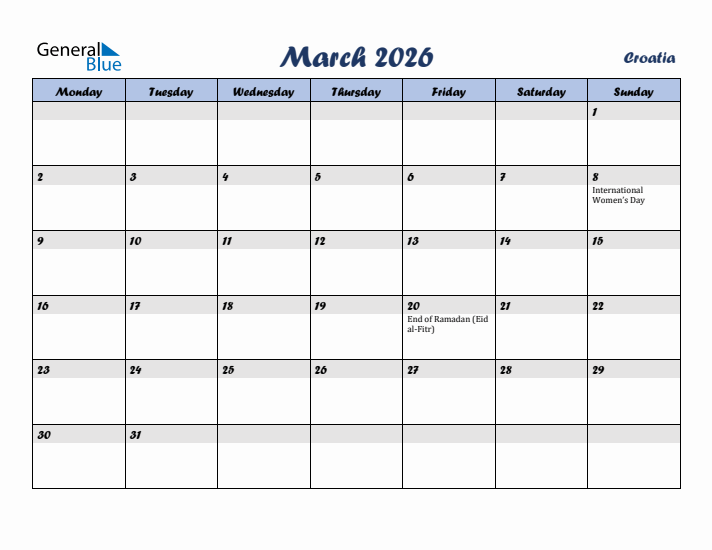 March 2026 Calendar with Holidays in Croatia