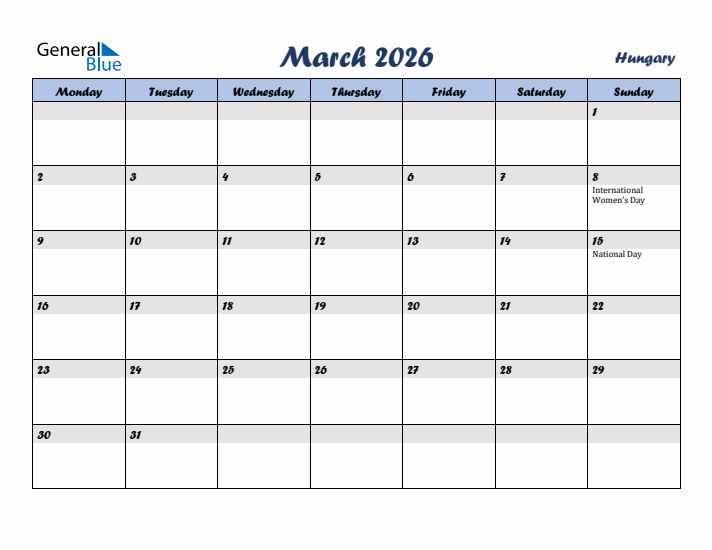 March 2026 Calendar with Holidays in Hungary