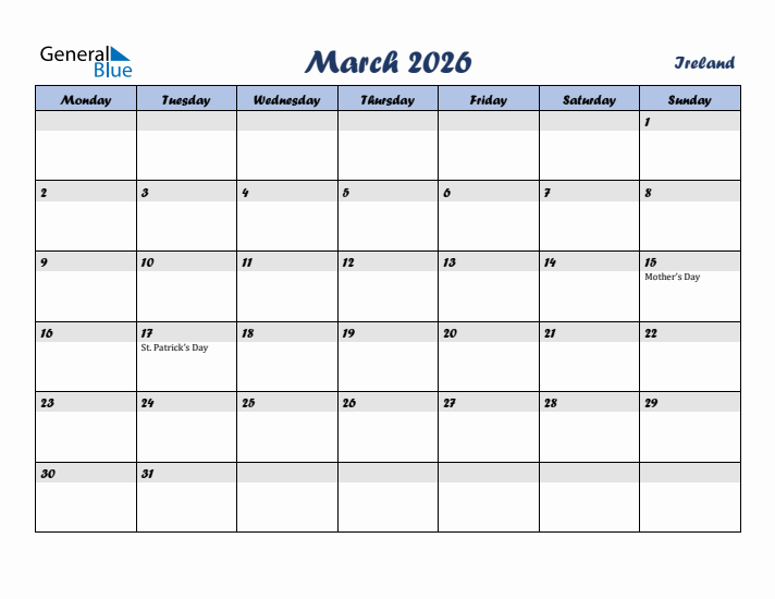 March 2026 Calendar with Holidays in Ireland