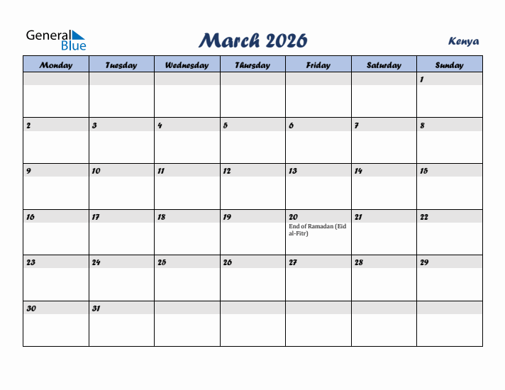 March 2026 Calendar with Holidays in Kenya