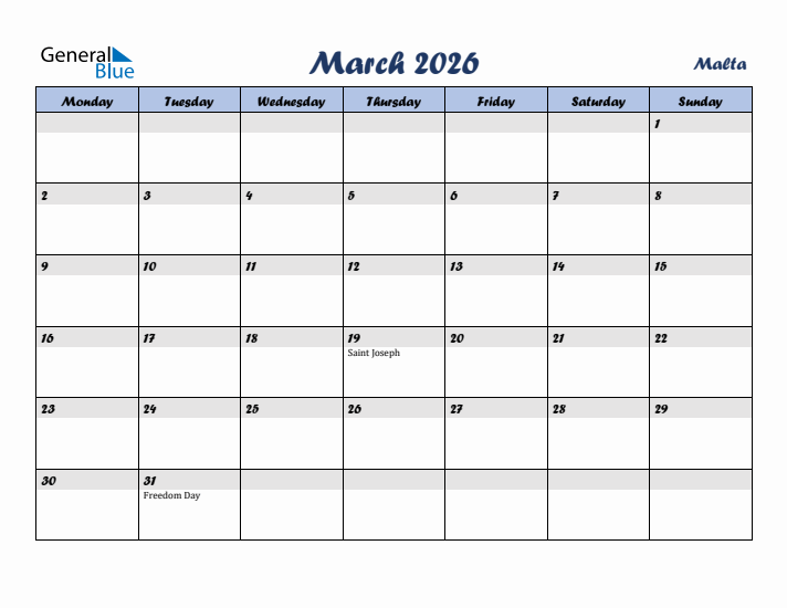 March 2026 Calendar with Holidays in Malta