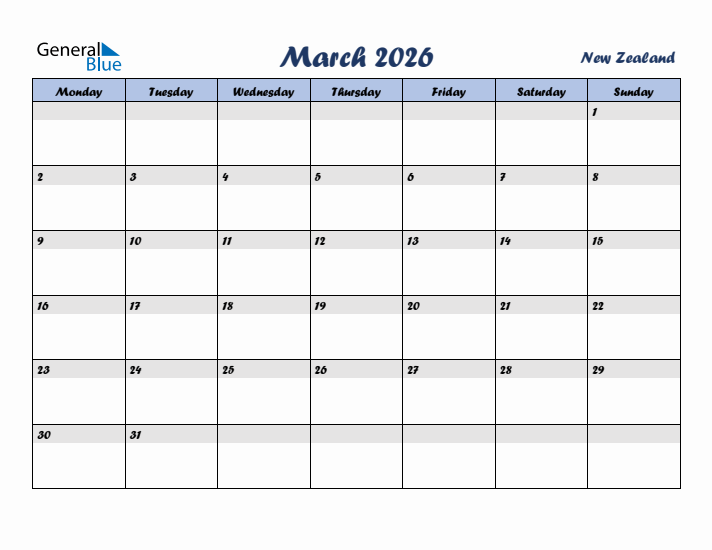 March 2026 Calendar with Holidays in New Zealand