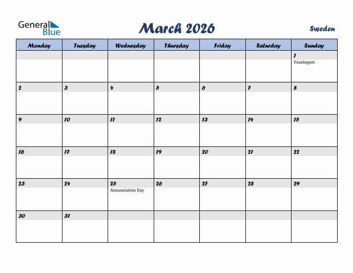 March 2026 Calendar with Holidays in Sweden