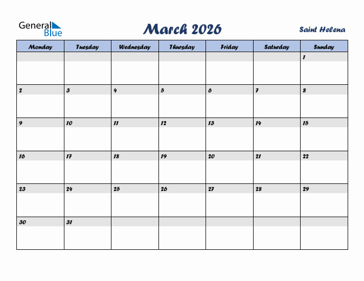 March 2026 Calendar with Holidays in Saint Helena