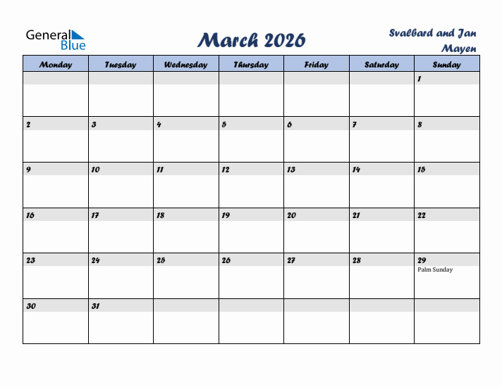 March 2026 Calendar with Holidays in Svalbard and Jan Mayen