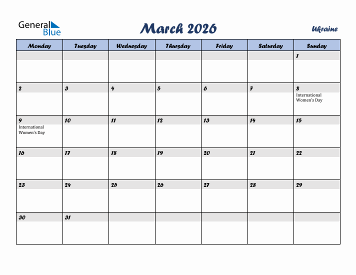 March 2026 Calendar with Holidays in Ukraine