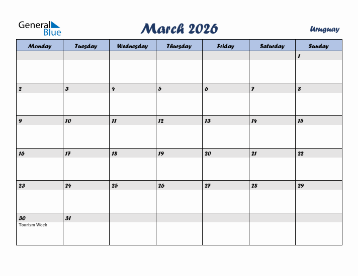 March 2026 Calendar with Holidays in Uruguay