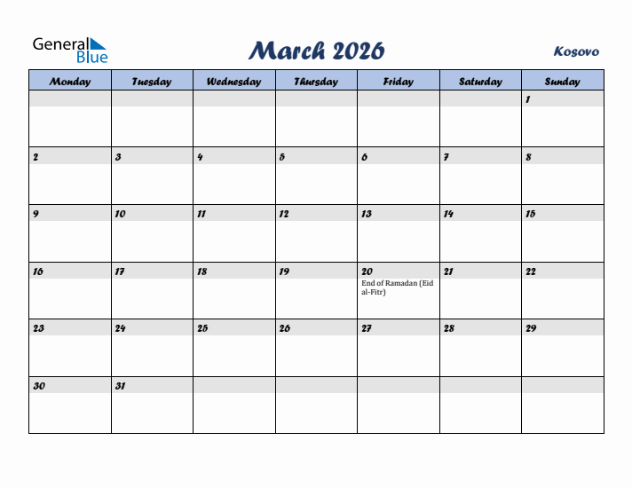 March 2026 Calendar with Holidays in Kosovo