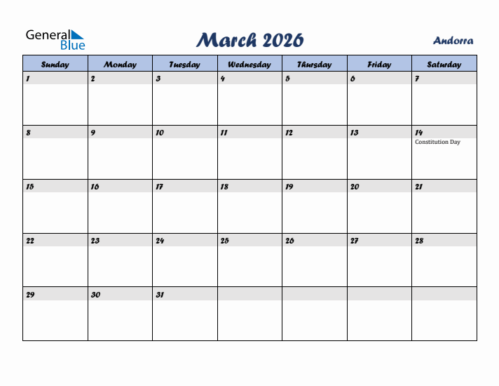 March 2026 Calendar with Holidays in Andorra