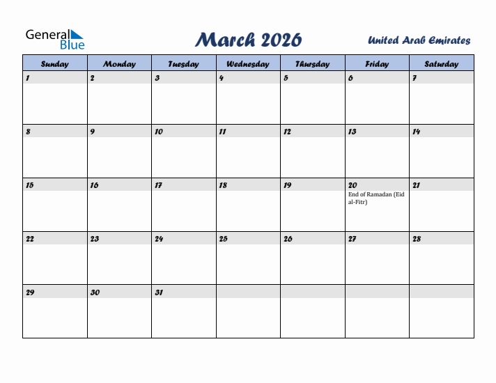 March 2026 Calendar with Holidays in United Arab Emirates