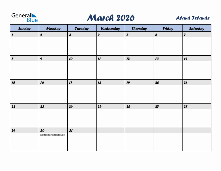 March 2026 Calendar with Holidays in Aland Islands