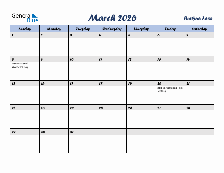 March 2026 Calendar with Holidays in Burkina Faso